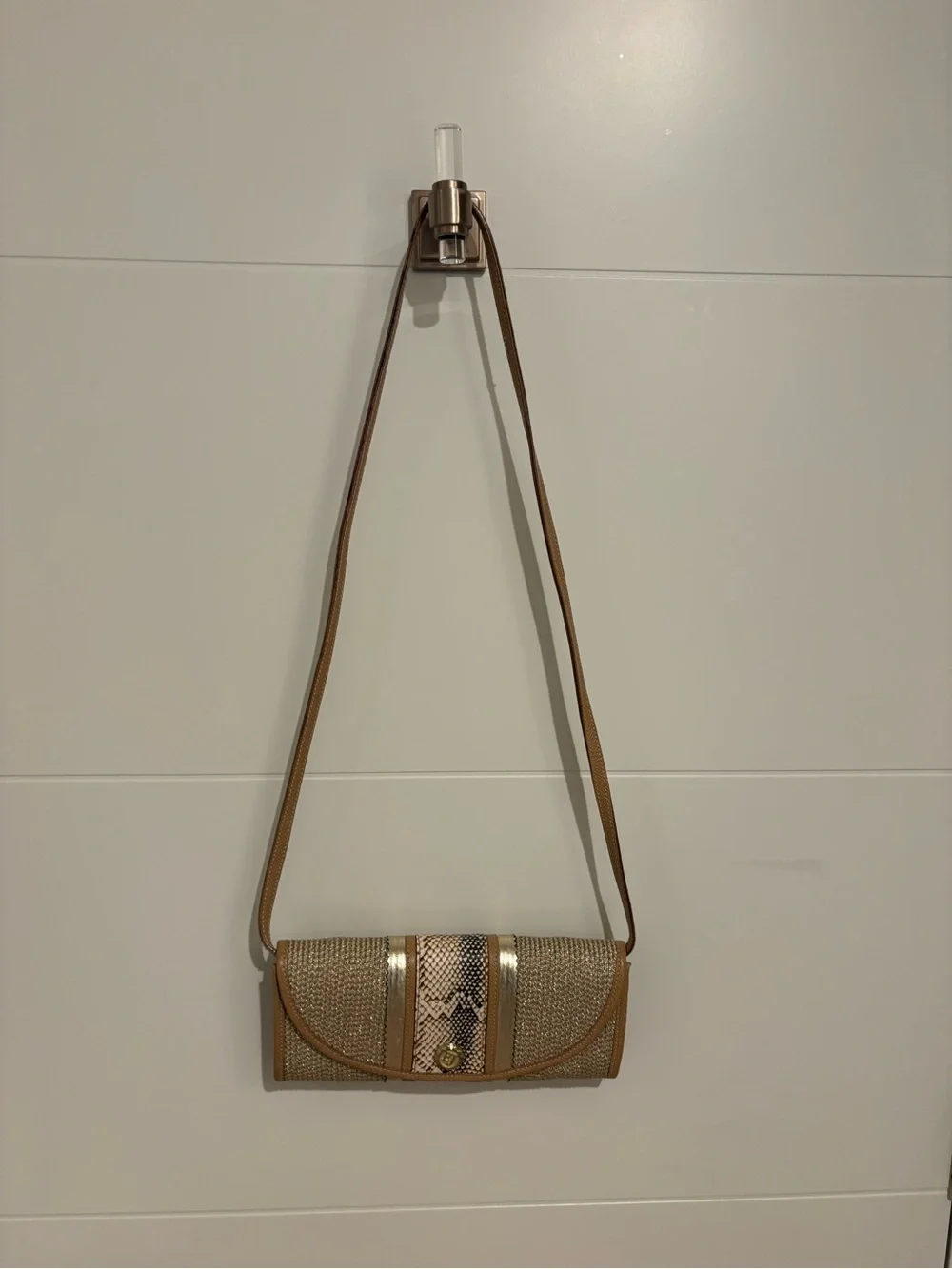 Eric Javits Tan Woven Crossbody with Snake-Print Accent and Gold Trim